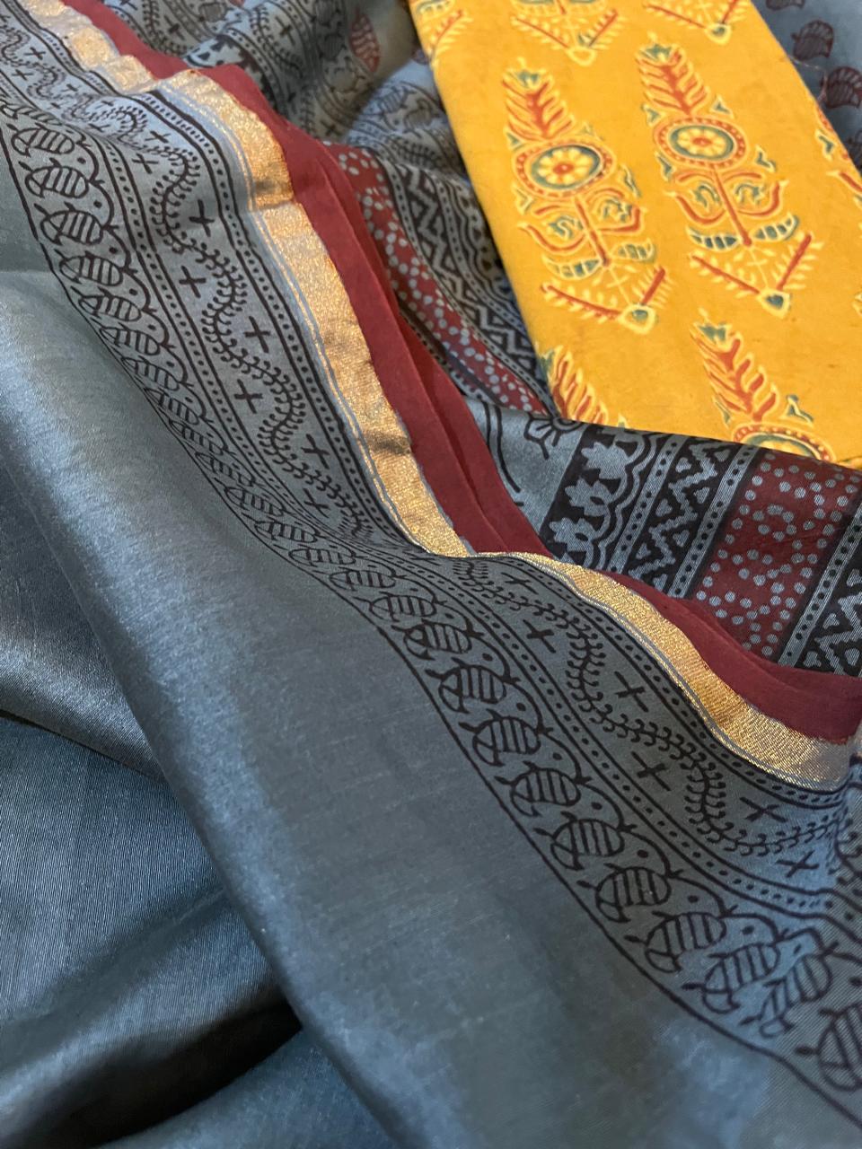 Chanderi Silk Cotton Saree with Traditional Bagh Hand Block Print - Grey