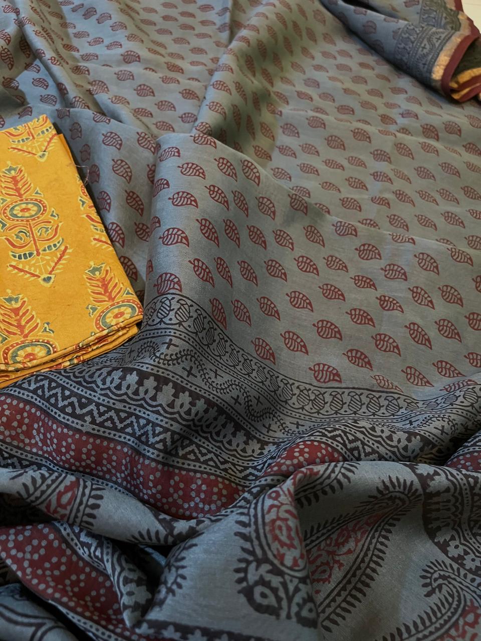 Chanderi Silk Cotton Saree with Traditional Bagh Hand Block Print - Grey