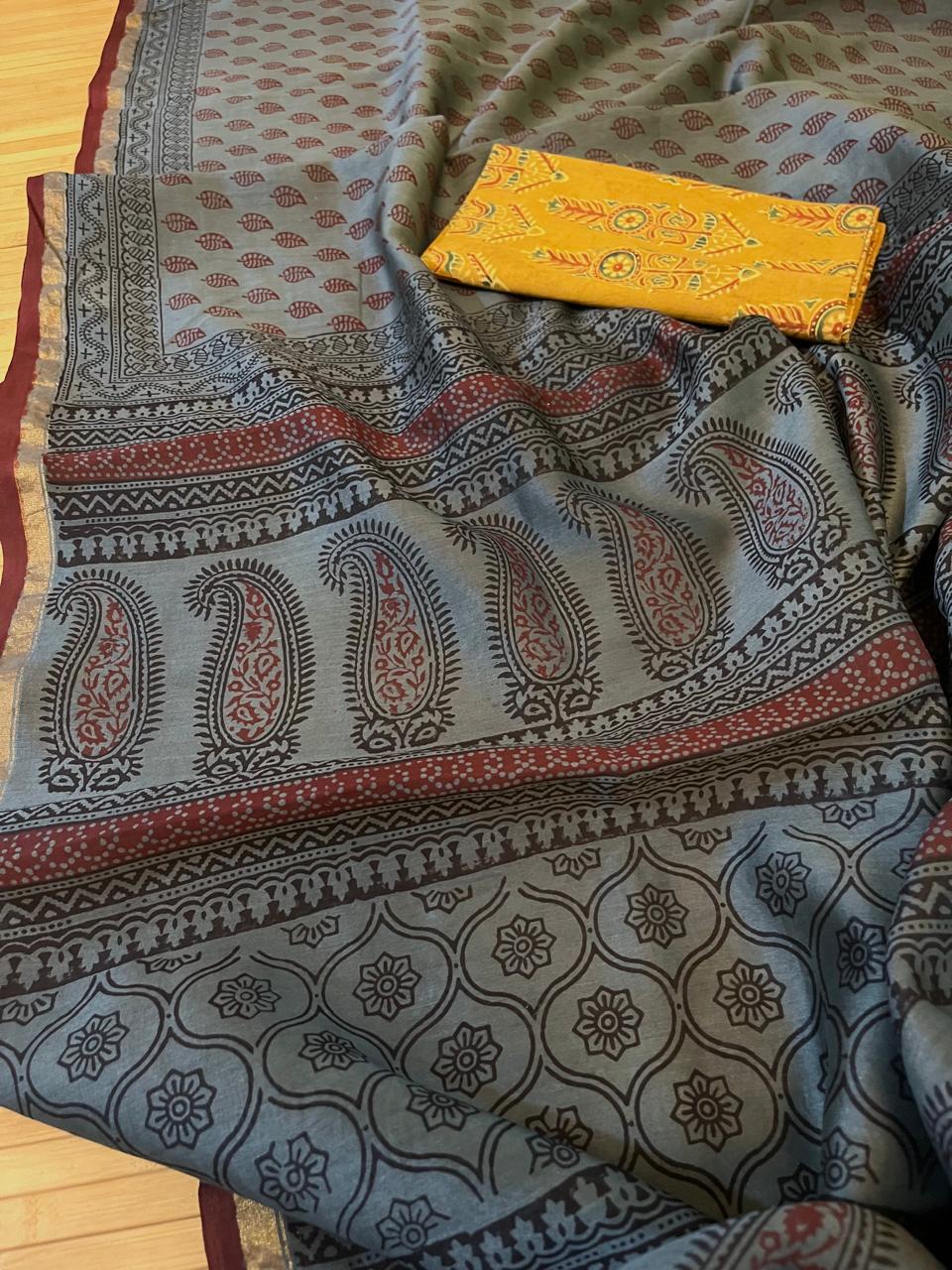 Chanderi Silk Cotton Saree with Traditional Bagh Hand Block Print - Grey