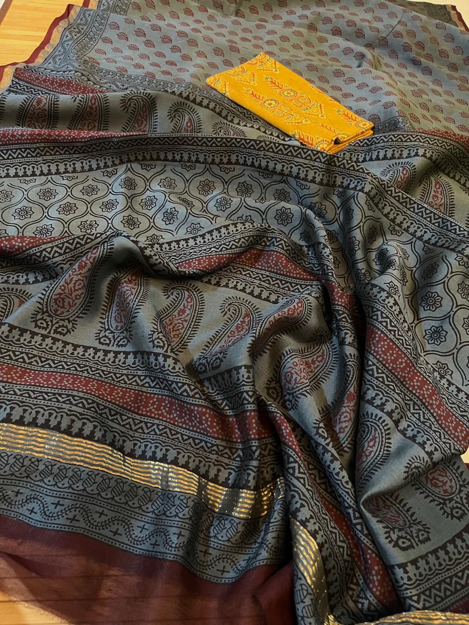 Chanderi Silk Cotton Saree with Traditional Bagh Hand Block Print - Grey