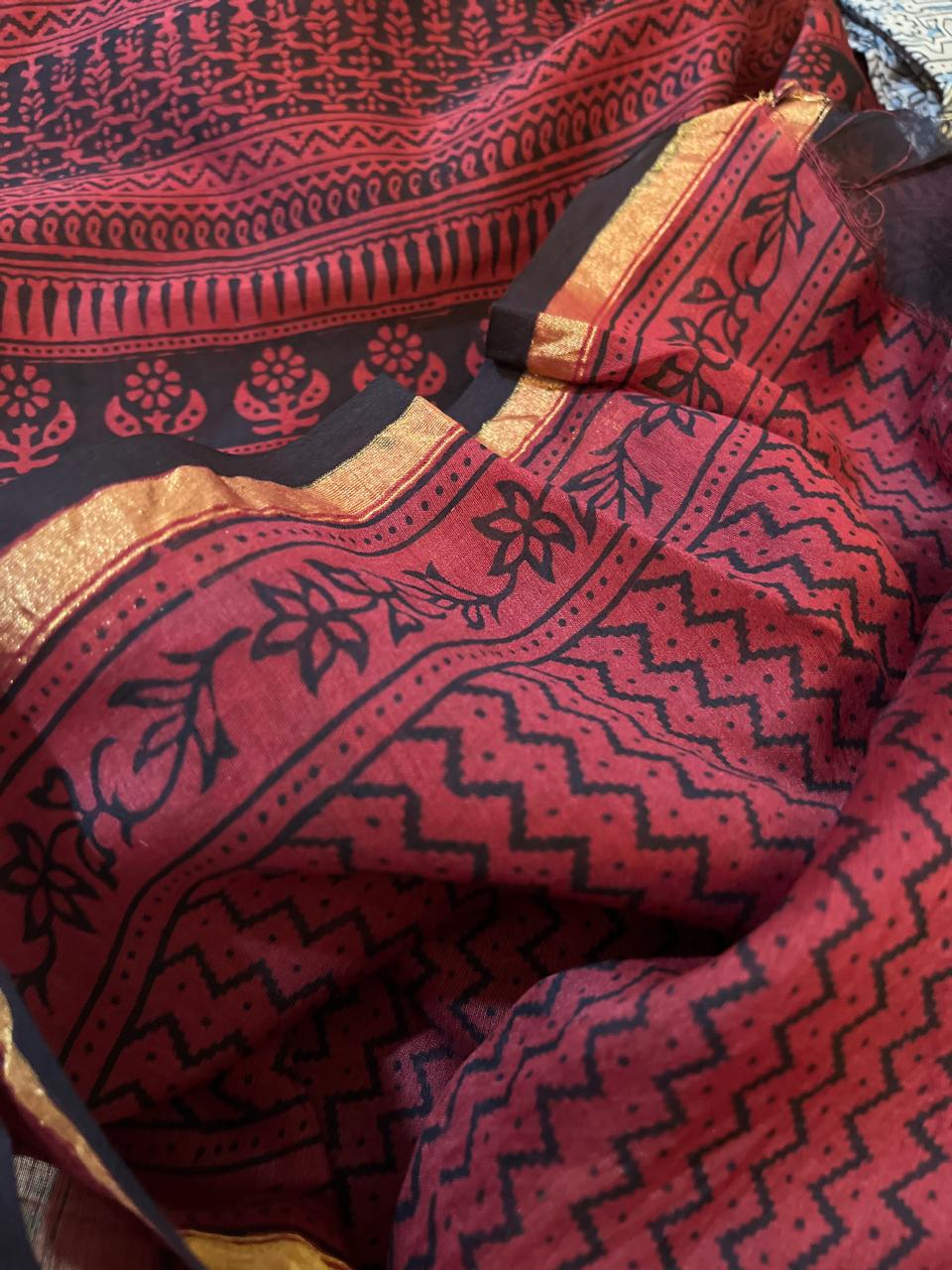 Chanderi Silk Cotton Saree with Traditional Bagh Hand Block Print - Maroon