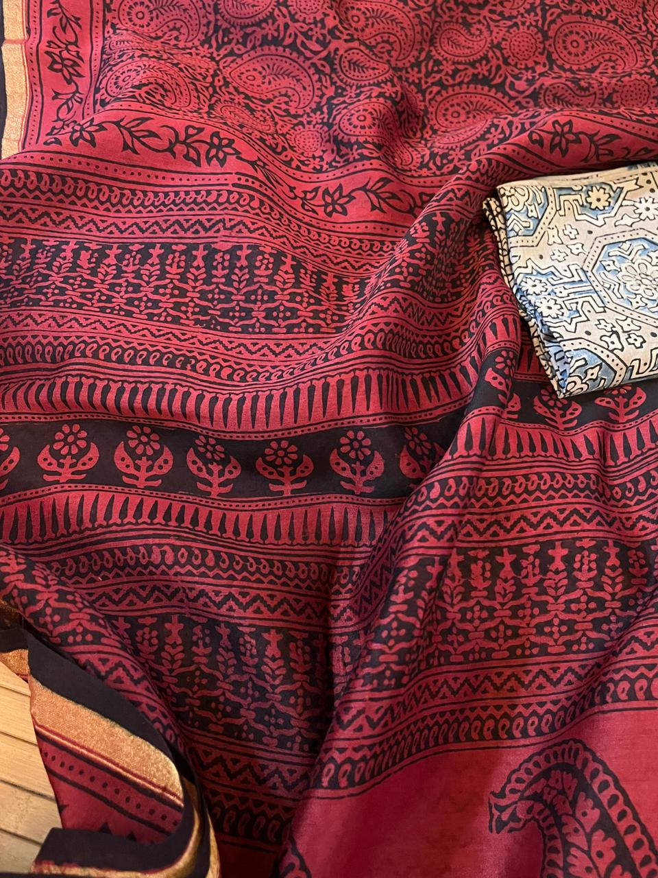 Chanderi Silk Cotton Saree with Traditional Bagh Hand Block Print - Maroon