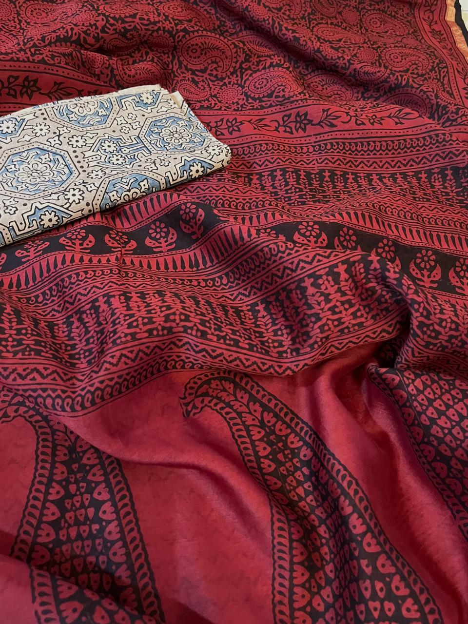 Chanderi Silk Cotton Saree with Traditional Bagh Hand Block Print - Maroon