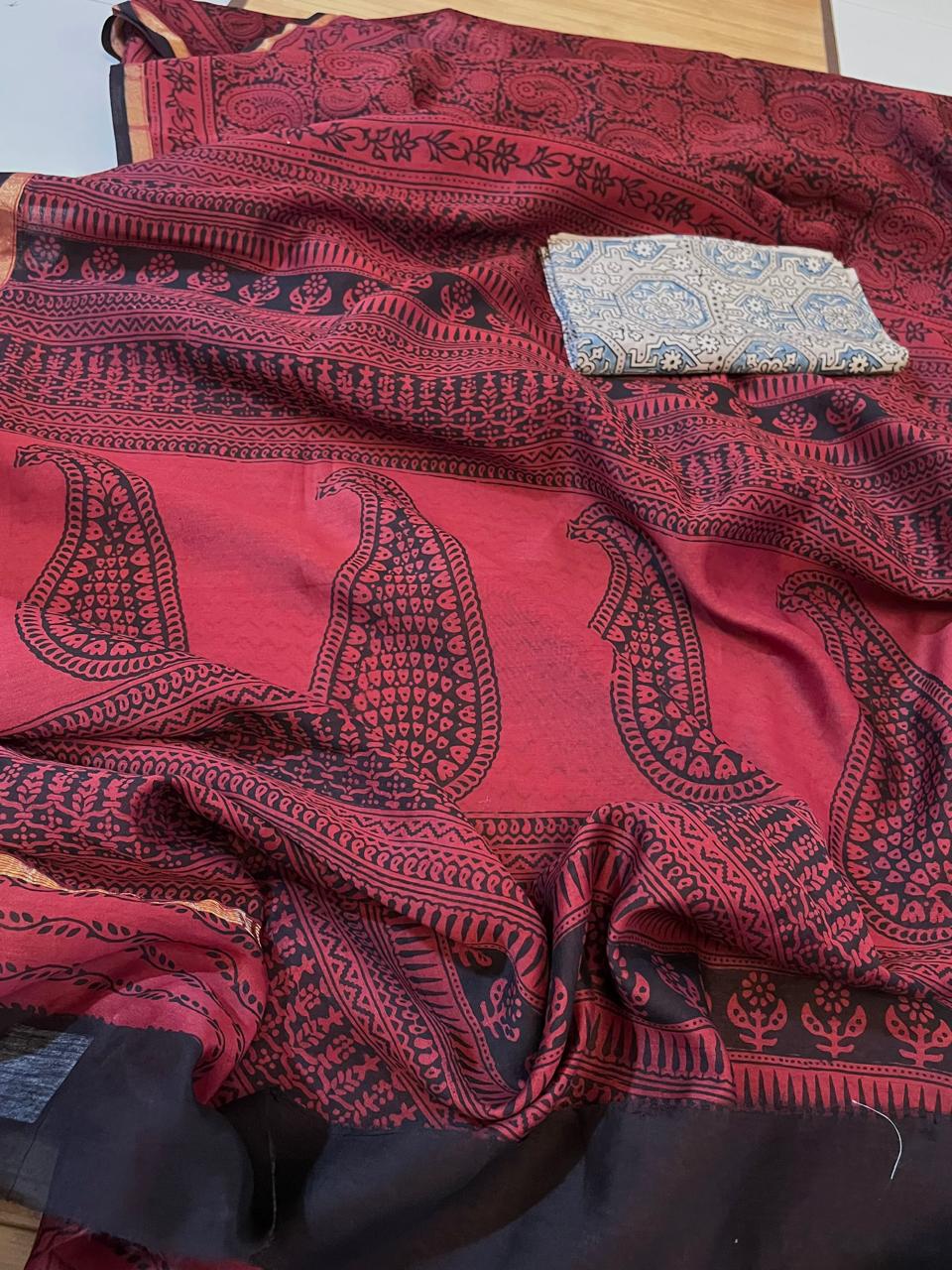 Chanderi Silk Cotton Saree with Traditional Bagh Hand Block Print - Maroon