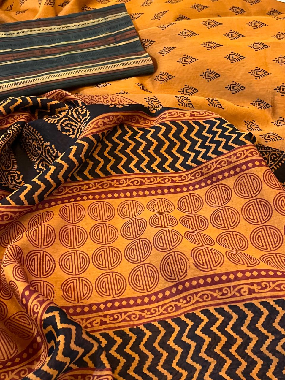 Chanderi Silk Cotton Saree with Traditional Bagh Hand Block Print - Mustard