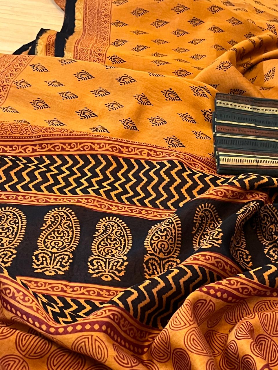 Chanderi Silk Cotton Saree with Traditional Bagh Hand Block Print - Mustard