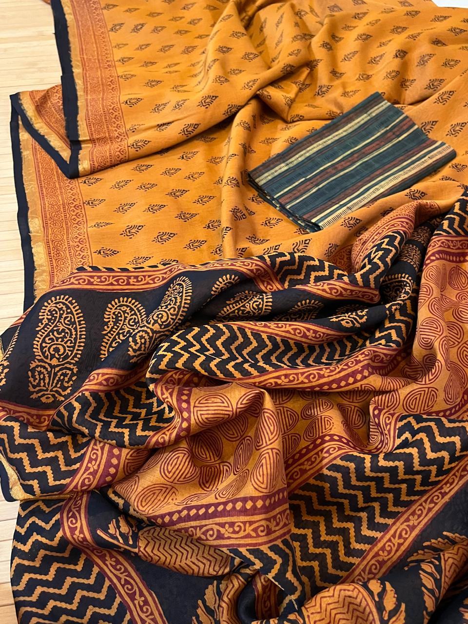 Chanderi Silk Cotton Saree with Traditional Bagh Hand Block Print - Mustard