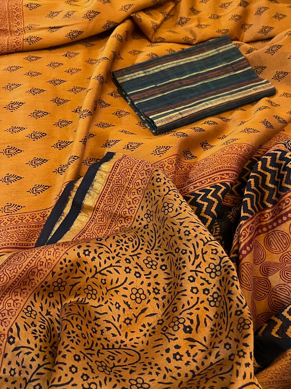 Chanderi Silk Cotton Saree with Traditional Bagh Hand Block Print - Mustard