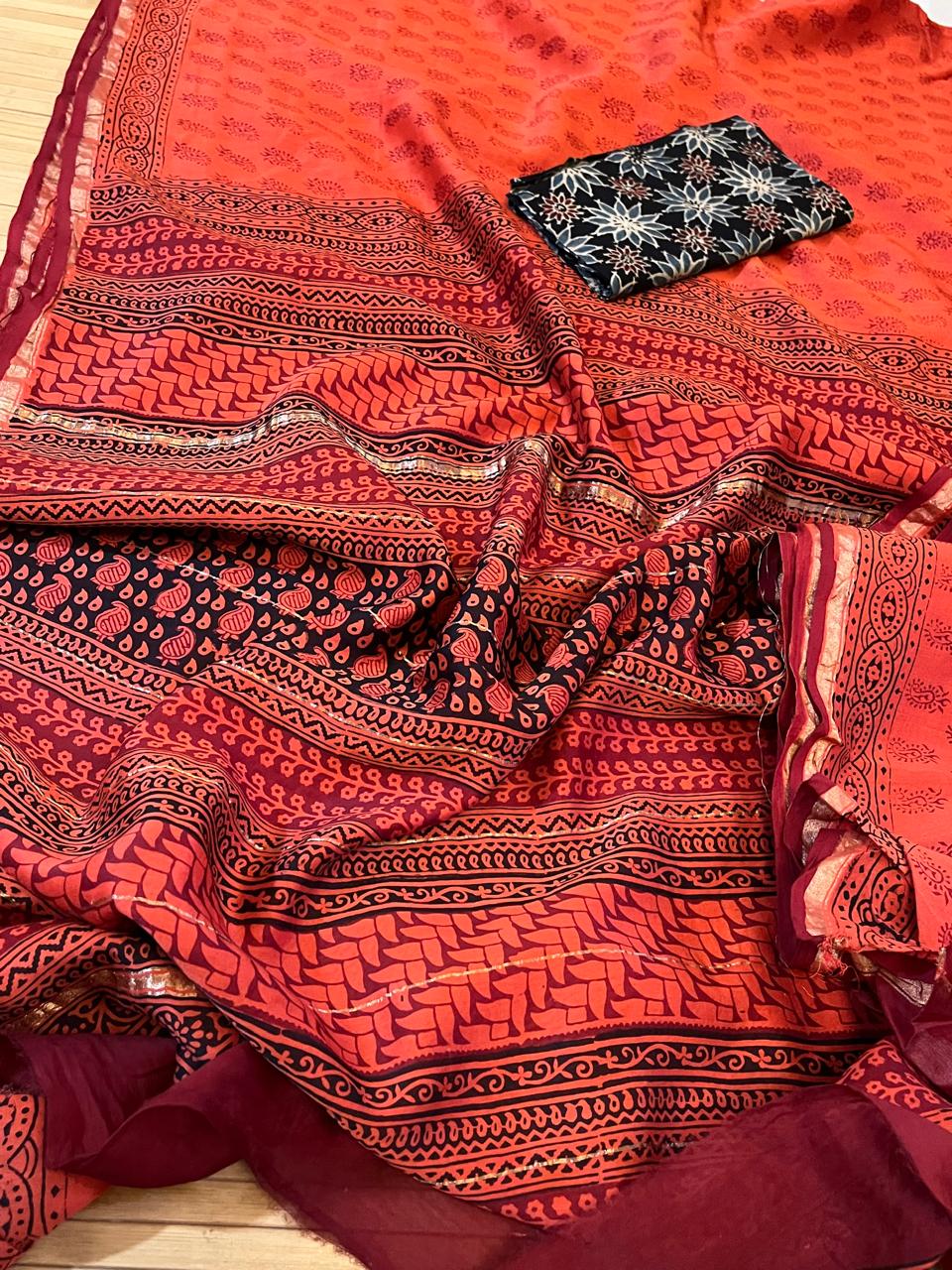 Chanderi Silk Cotton Saree with Traditional Bagh Hand Block Print - Orange