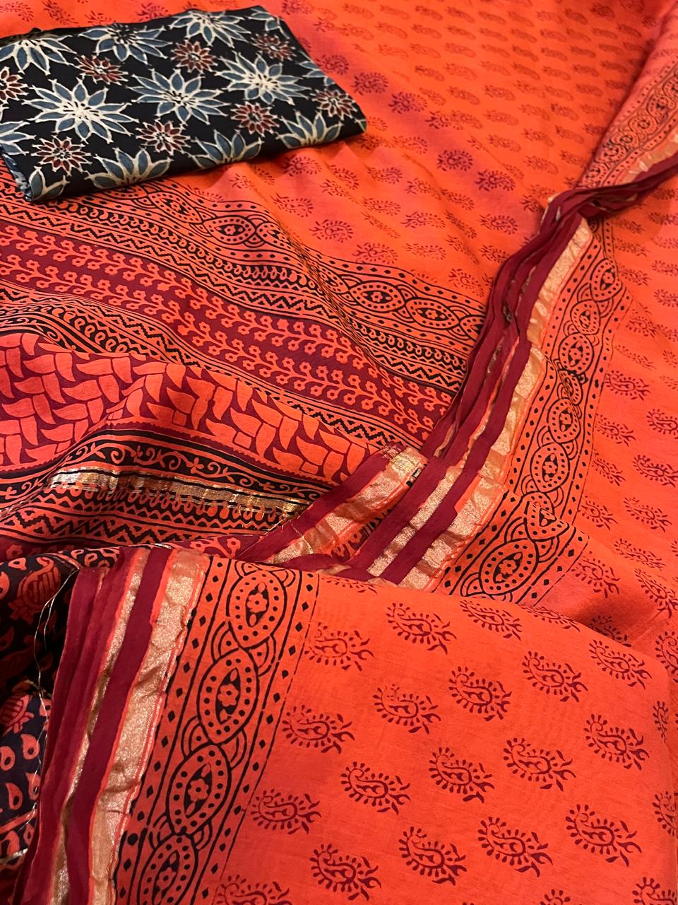 Chanderi Silk Cotton Saree with Traditional Bagh Hand Block Print - Orange