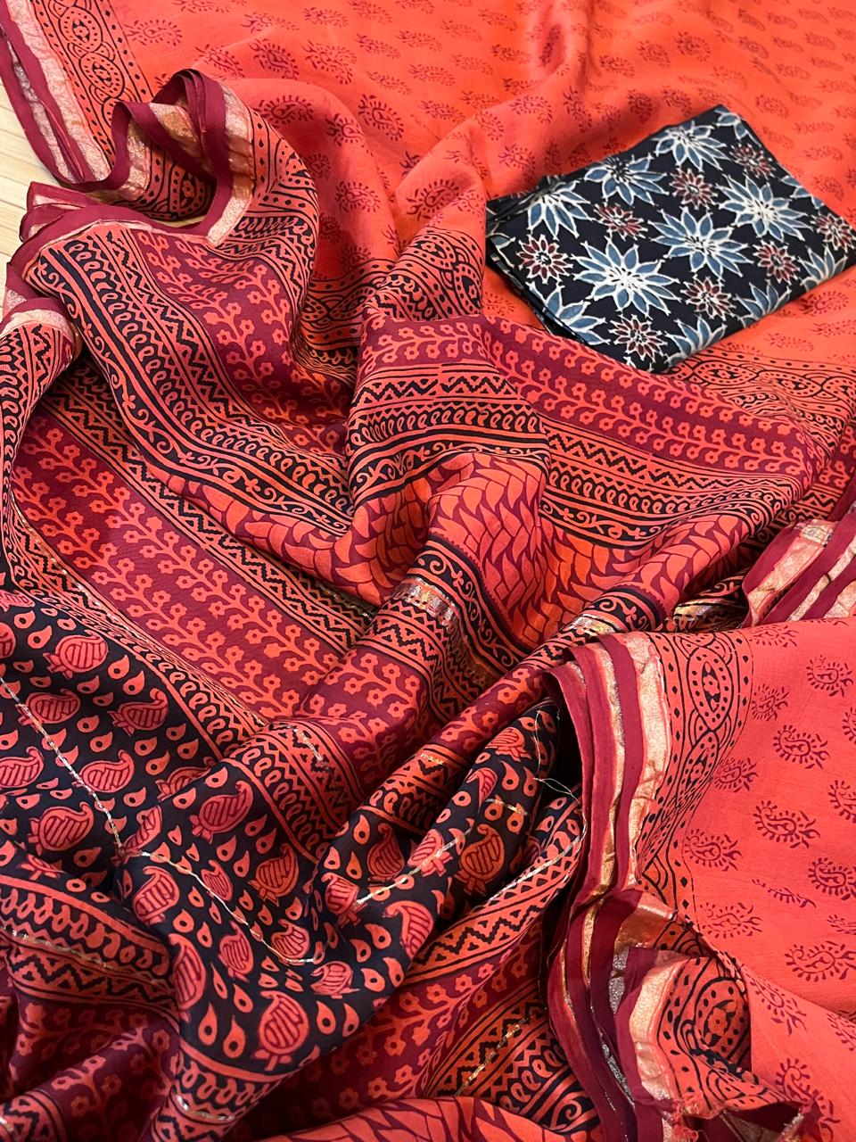 Chanderi Silk Cotton Saree with Traditional Bagh Hand Block Print - Orange