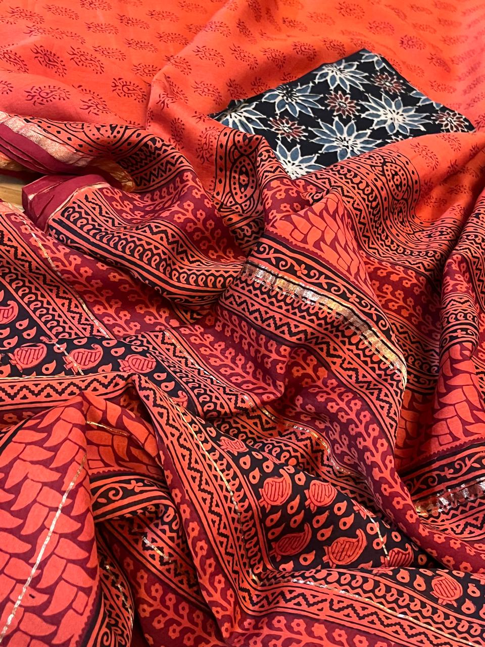 Chanderi Silk Cotton Saree with Traditional Bagh Hand Block Print - Orange