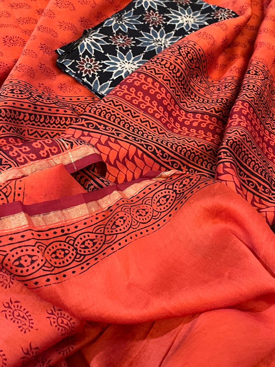 Chanderi Silk Cotton Saree with Traditional Bagh Hand Block Print - Orange