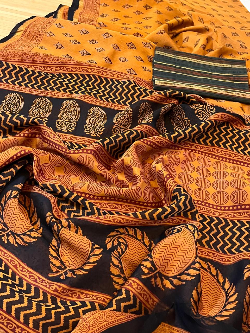 Chanderi Silk Cotton Saree with Traditional Bagh Hand Block Print - Mustard