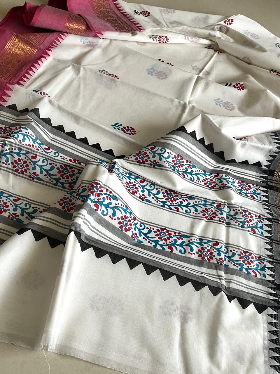 Chettinad Cotton Saree with Resham Border and Handblock Print