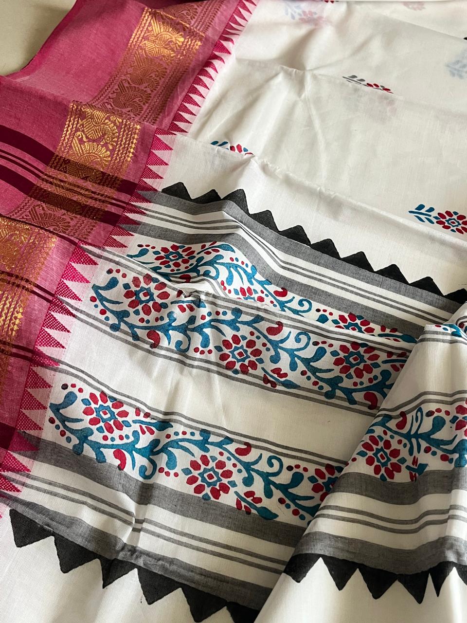 Chettinad Cotton Saree with Resham Border and Handblock Print