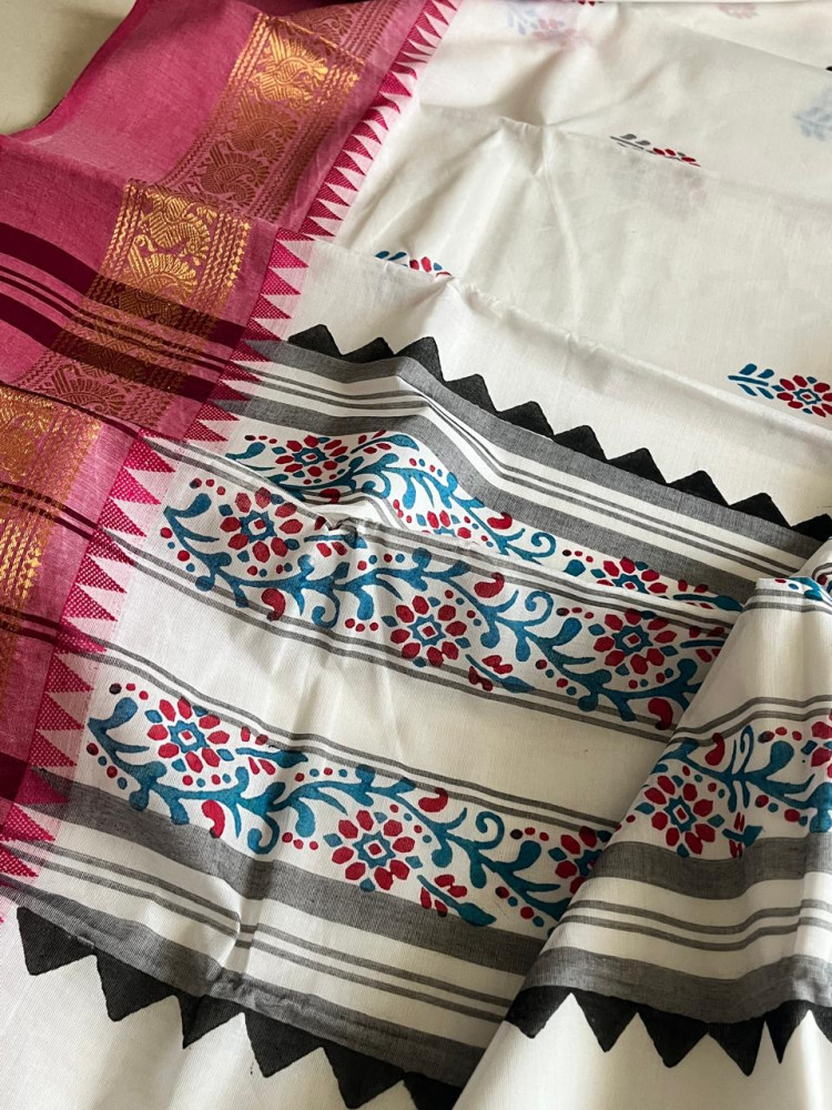 Image of Chettinad Cotton Saree with Resham Border and Handblock Print