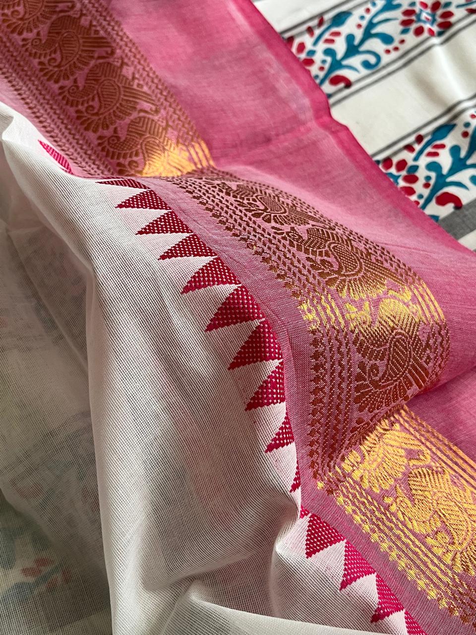 Chettinad Cotton Saree with Resham Border and Handblock Print