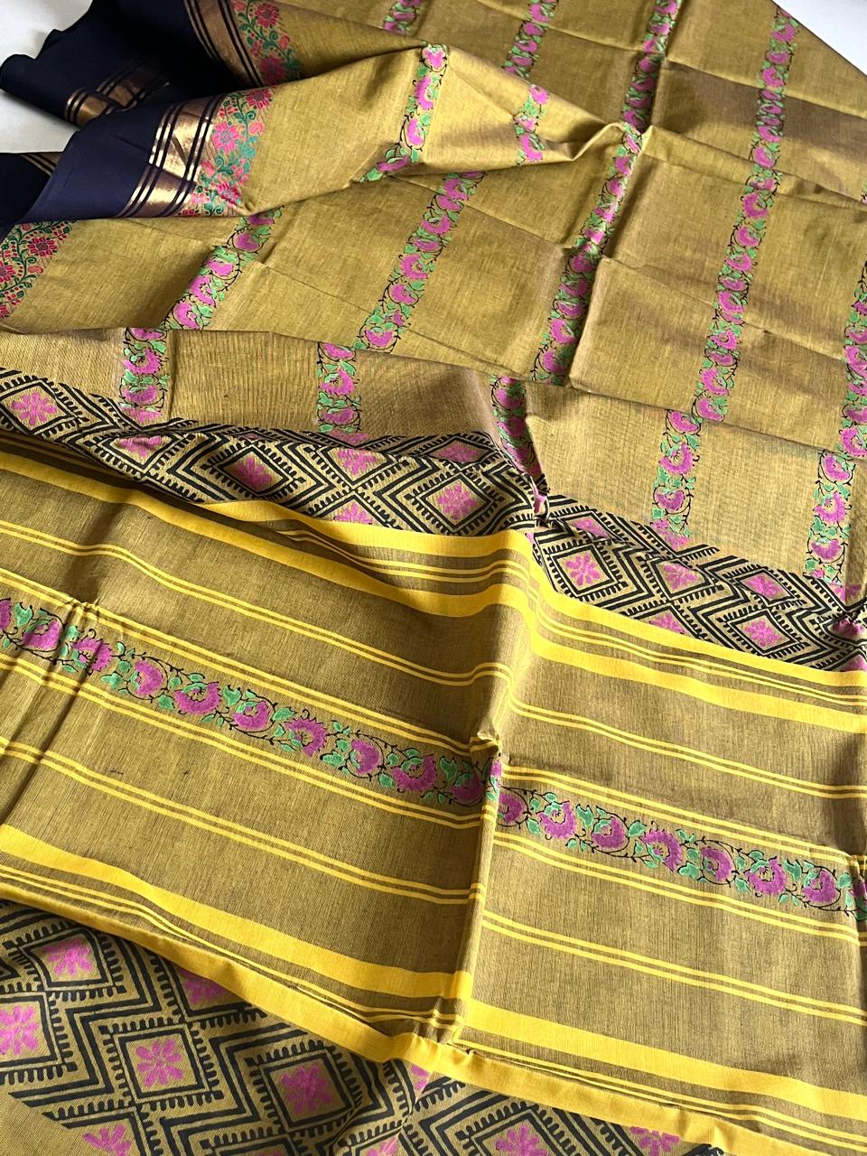 Chettinad Cotton Saree with Resham Border and Handblock Print