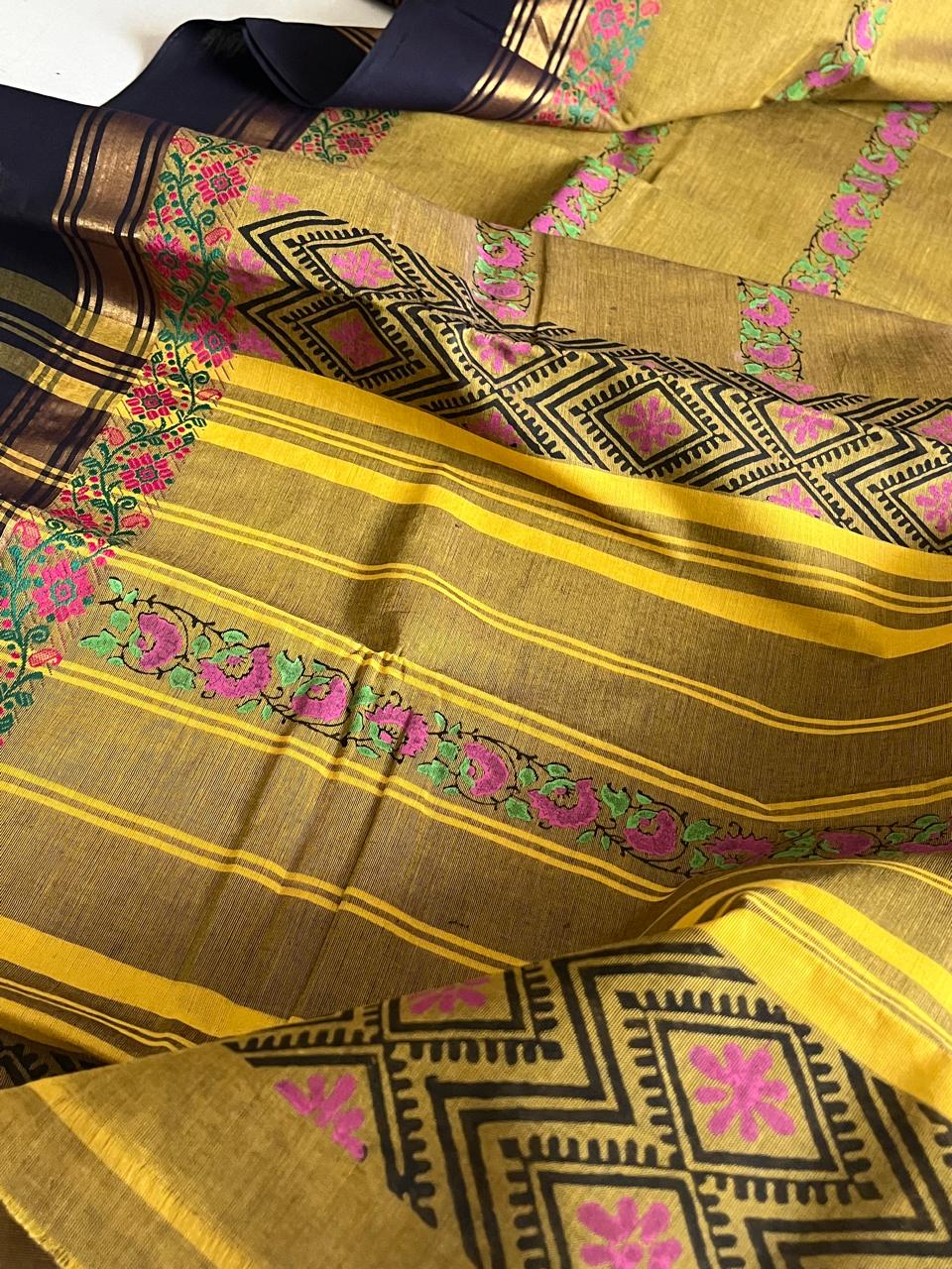 Chettinad Cotton Saree with Resham Border and Handblock Print