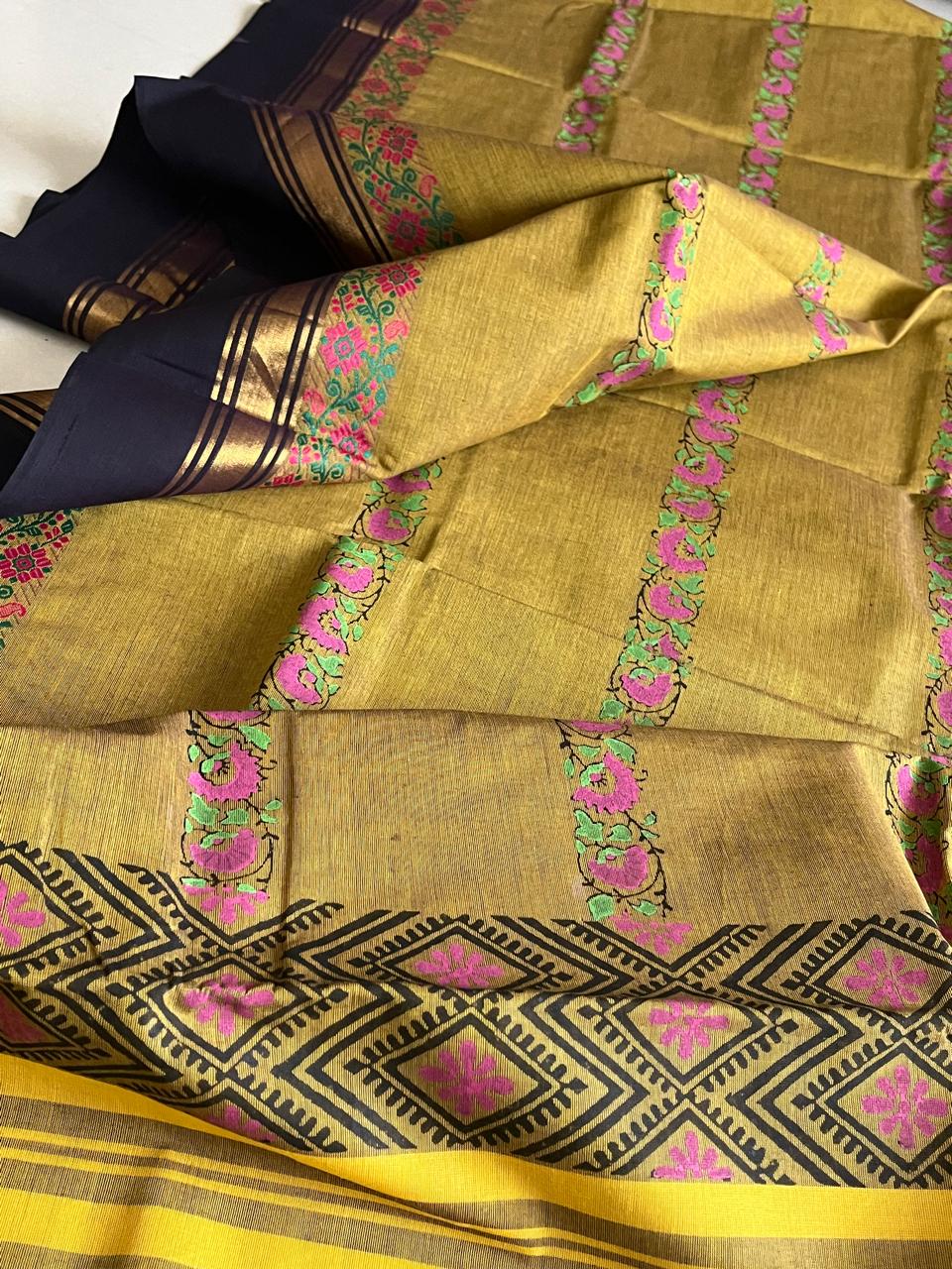 Chettinad Cotton Saree with Resham Border and Handblock Print
