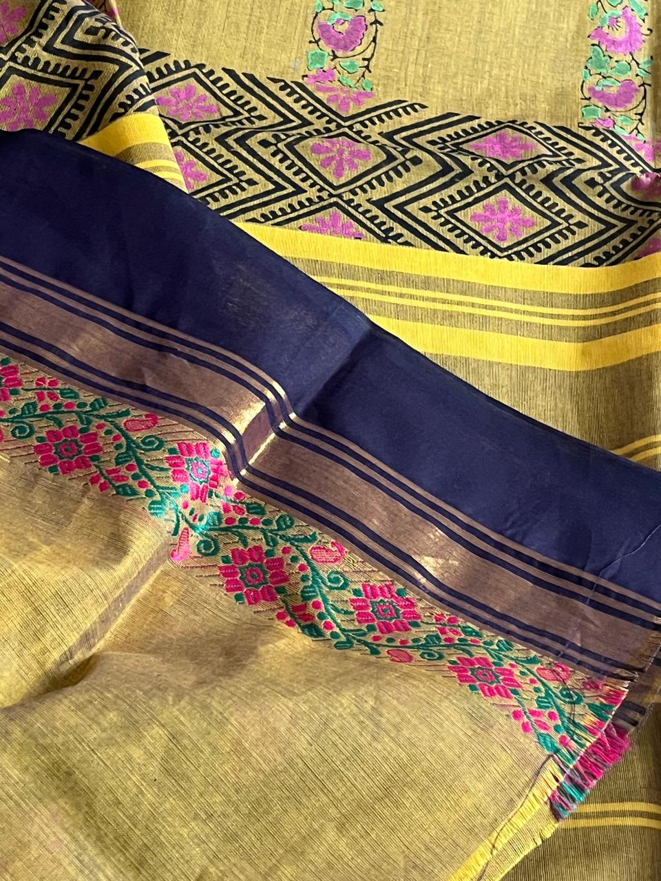 Chettinad Cotton Saree with Resham Border and Handblock Print