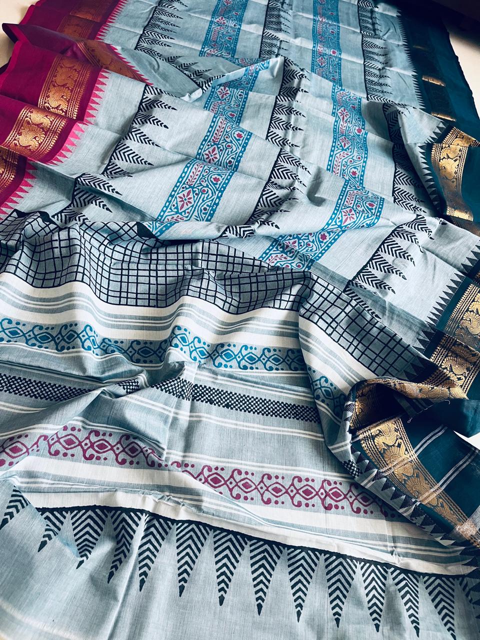 Chettinad Cotton Saree with Resham Border and Handblock Print