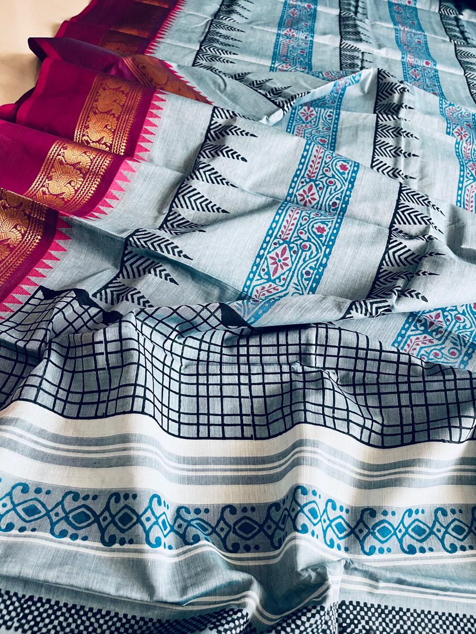 Chettinad Cotton Saree with Resham Border and Handblock Print