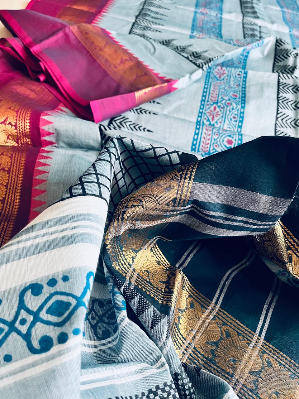 Chettinad Cotton Saree with Resham Border and Handblock Print