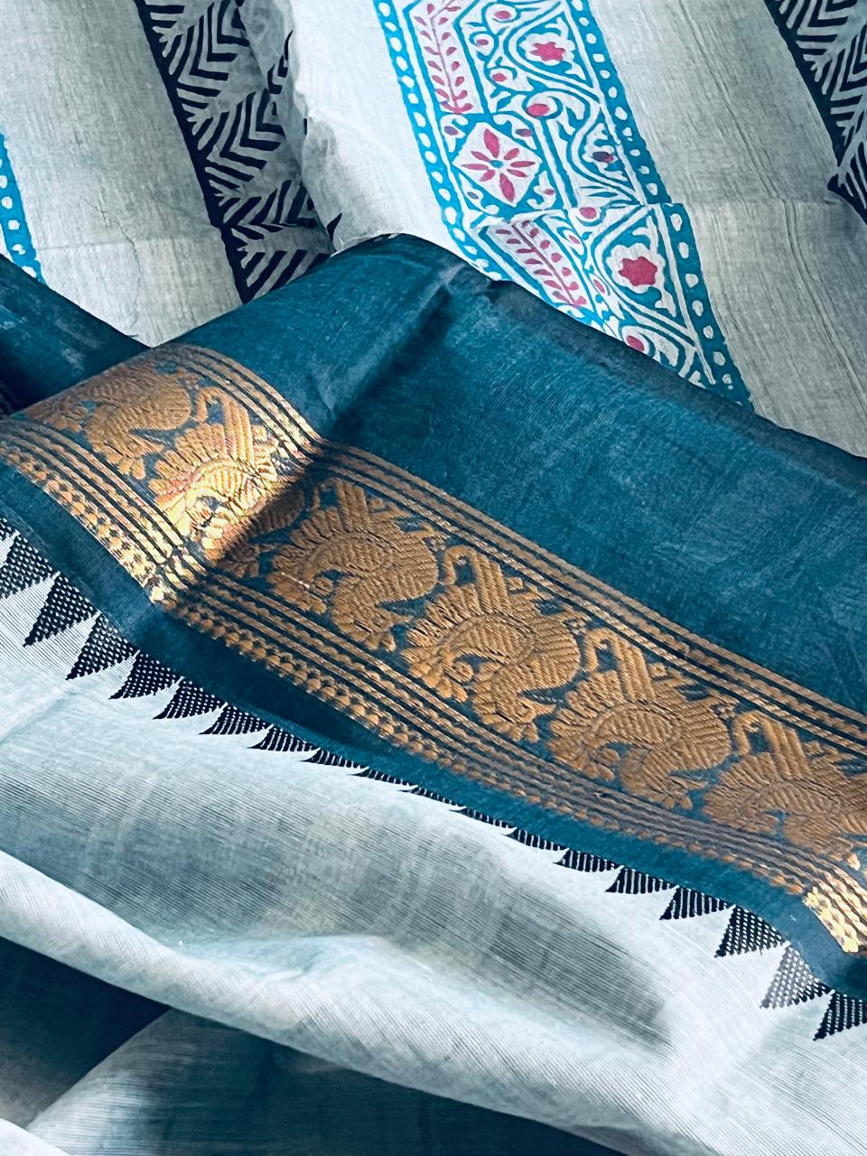 Chettinad Cotton Saree with Resham Border and Handblock Print