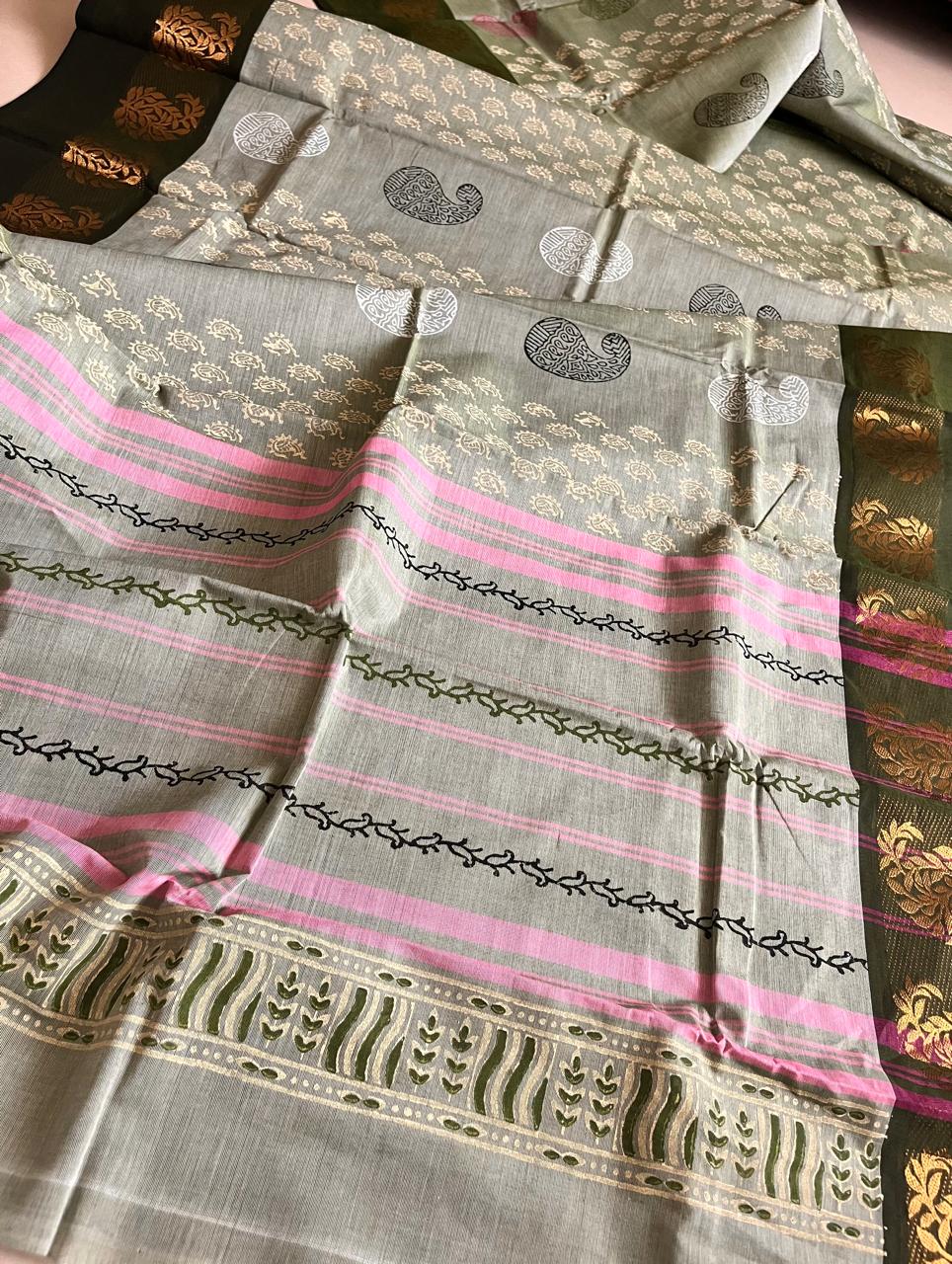 Chettinad Cotton Saree with Resham Border and Handblock Print