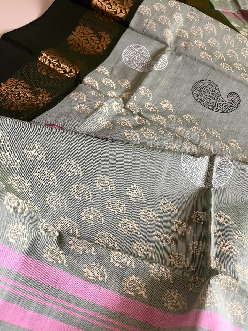 Chettinad Cotton Saree with Resham Border and Handblock Print