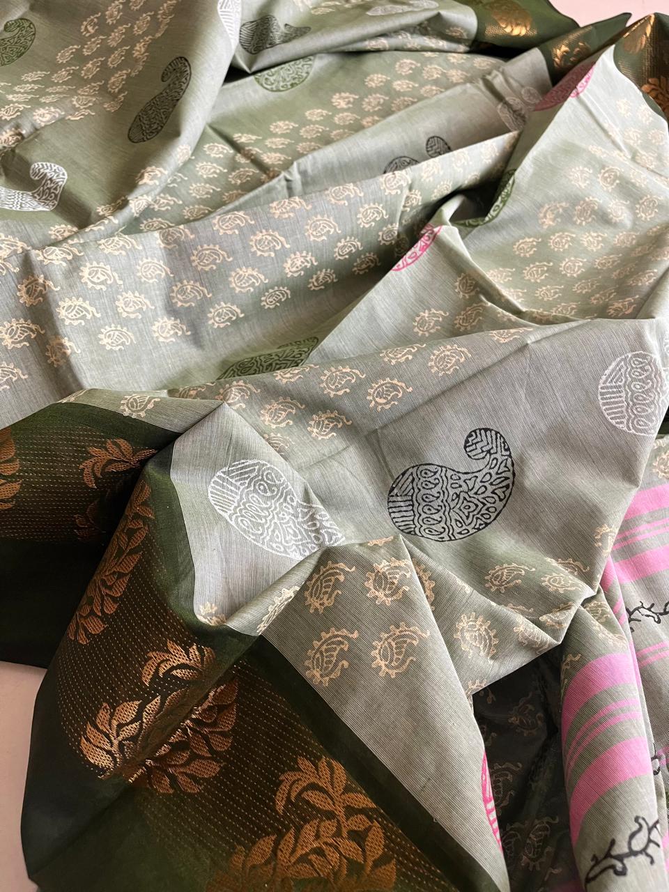 Chettinad Cotton Saree with Resham Border and Handblock Print