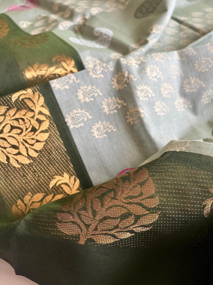Image of Chettinad Cotton Saree with Resham Border and Handblock Print
