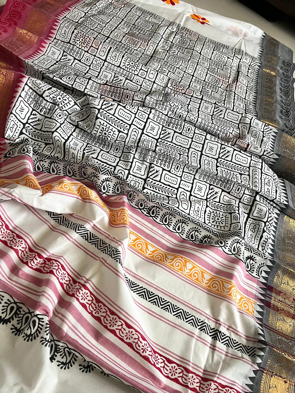 Chettinad Cotton Saree with Resham Border and Handblock Print