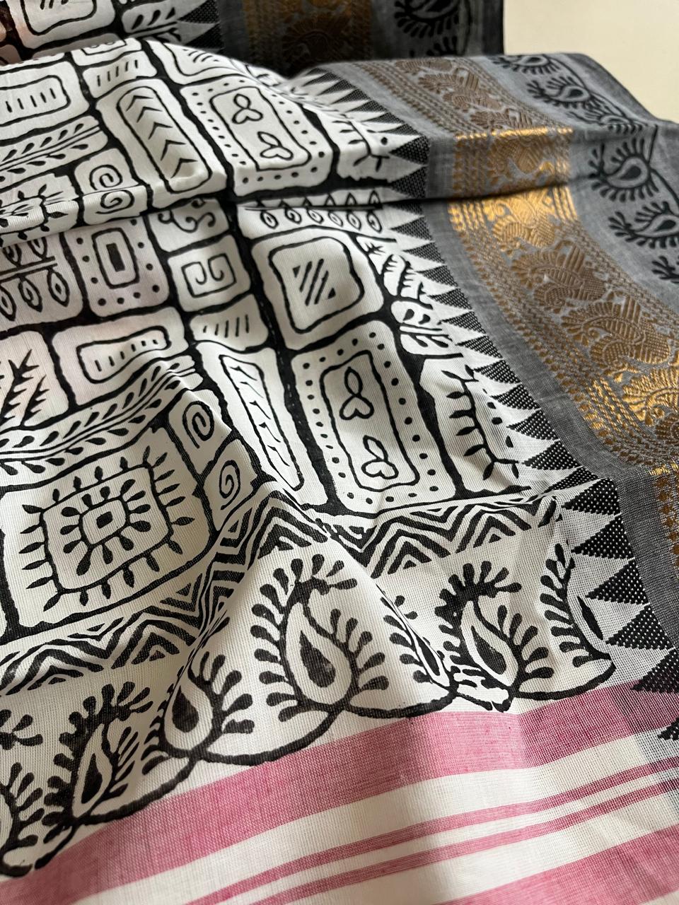 Chettinad Cotton Saree with Resham Border and Handblock Print