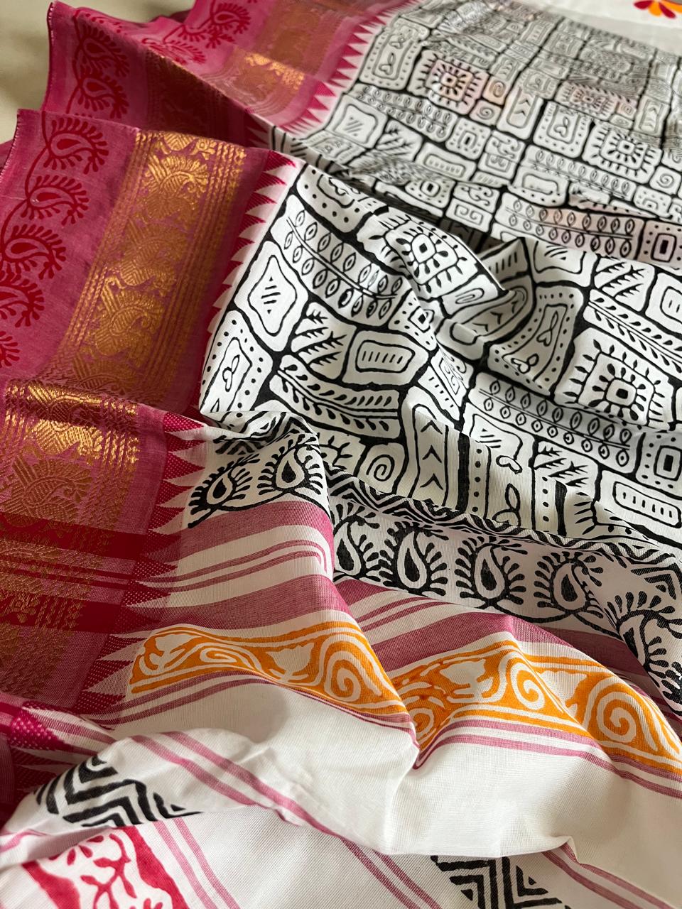 Chettinad Cotton Saree with Resham Border and Handblock Print