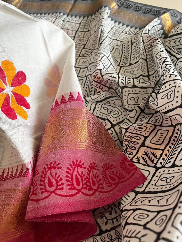 Image of Chettinad Cotton Saree with Resham Border and Handblock Print