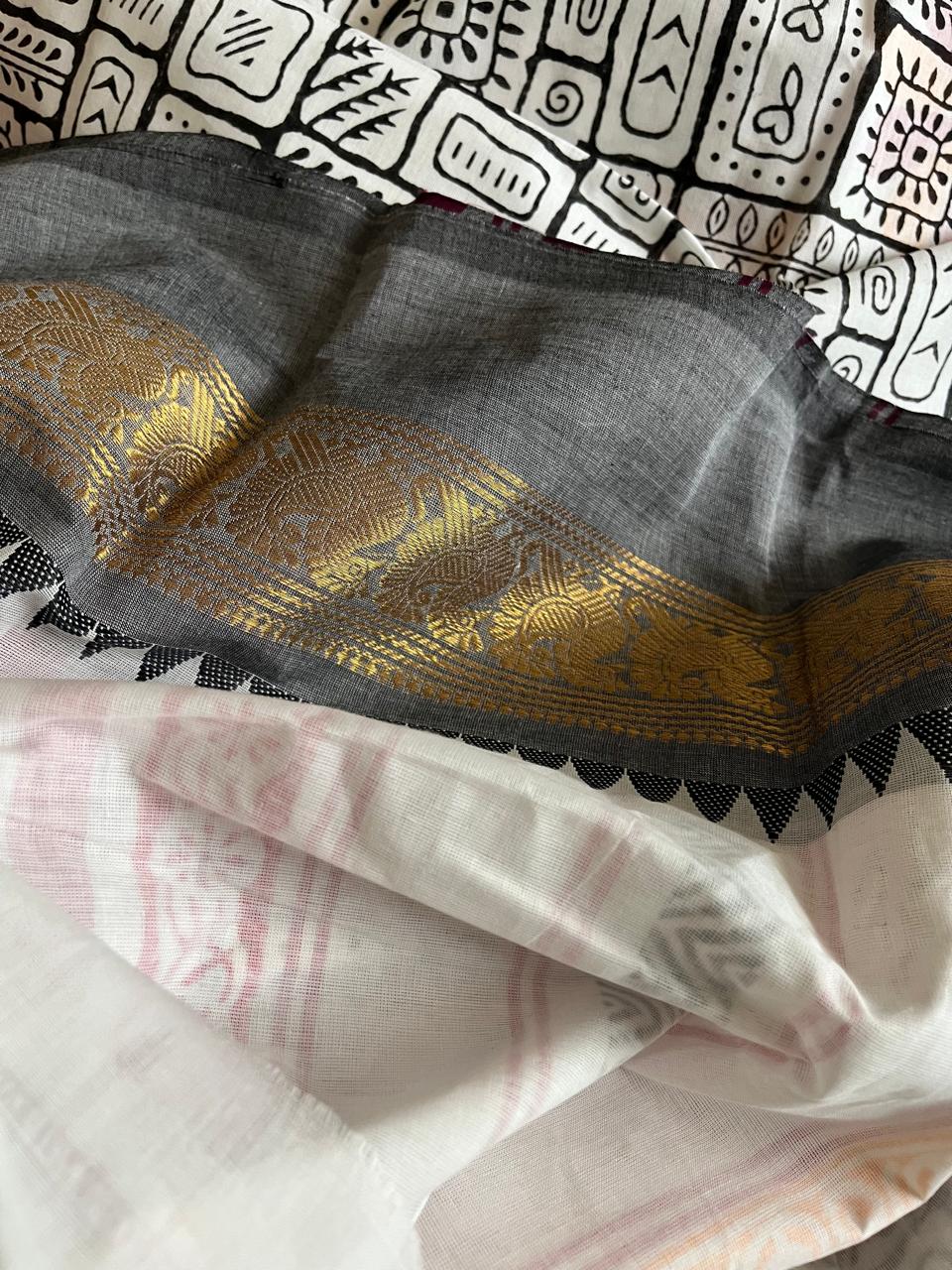 Chettinad Cotton Saree with Resham Border and Handblock Print