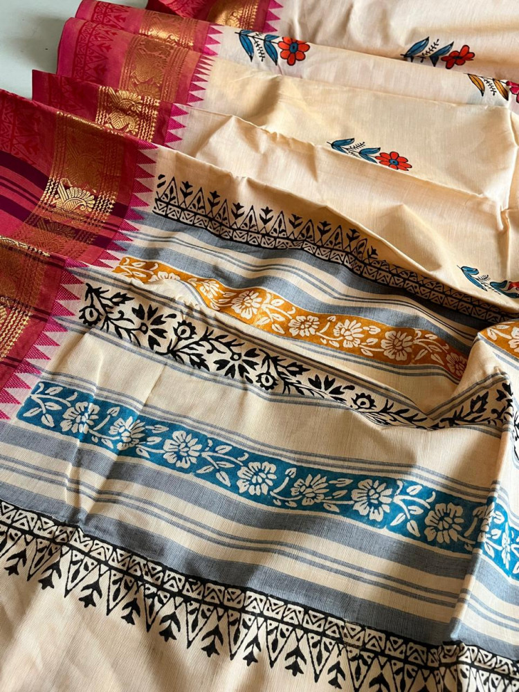 Image of Chettinad Cotton Saree with Resham Border and Handblock Print