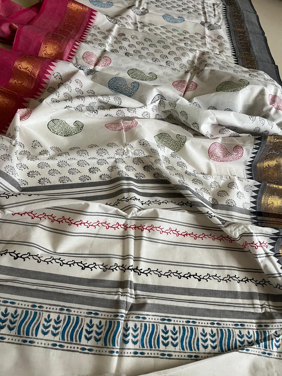 Chettinad Cotton Saree with Resham Border and Handblock Print