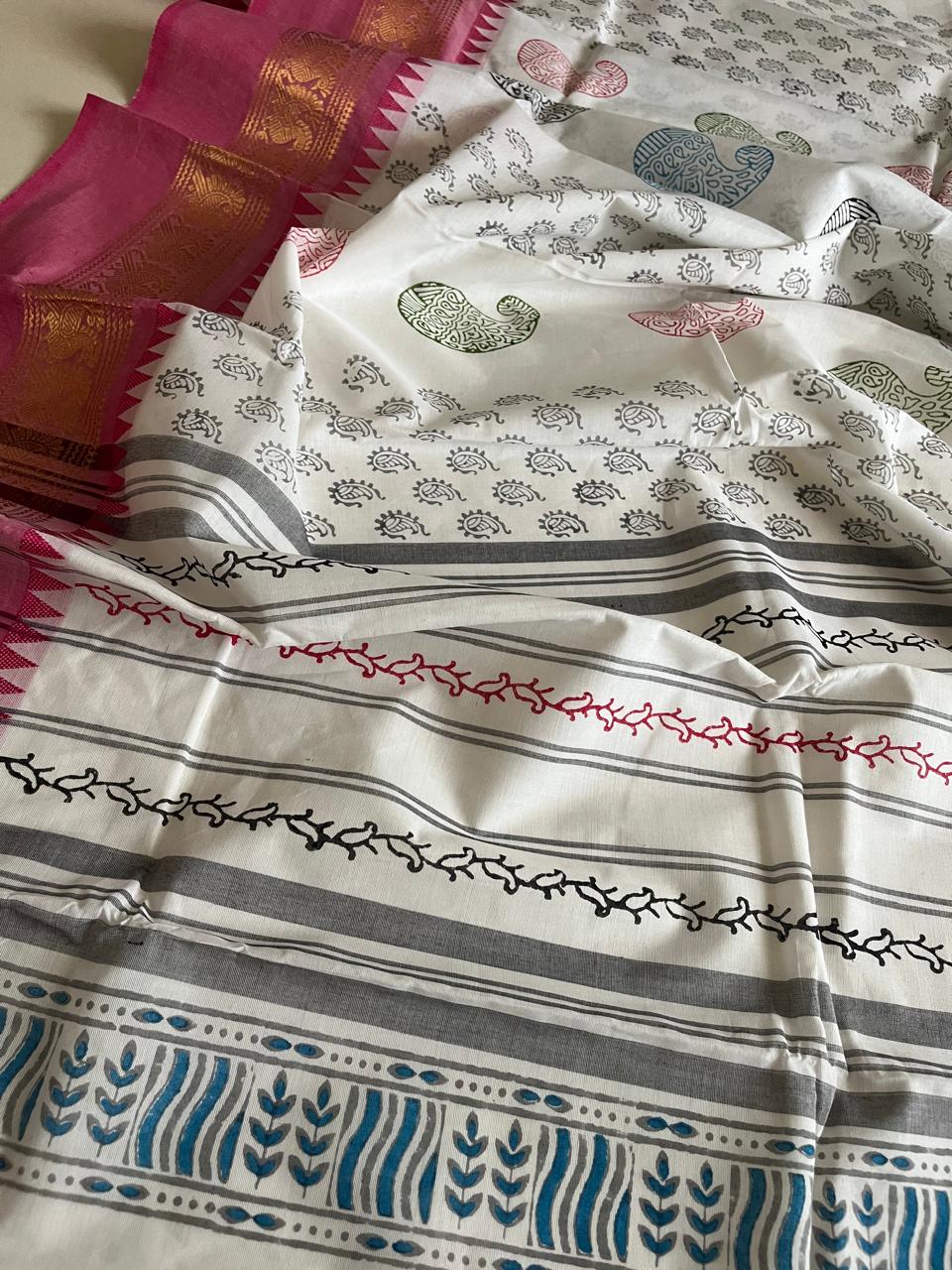 Chettinad Cotton Saree with Resham Border and Handblock Print