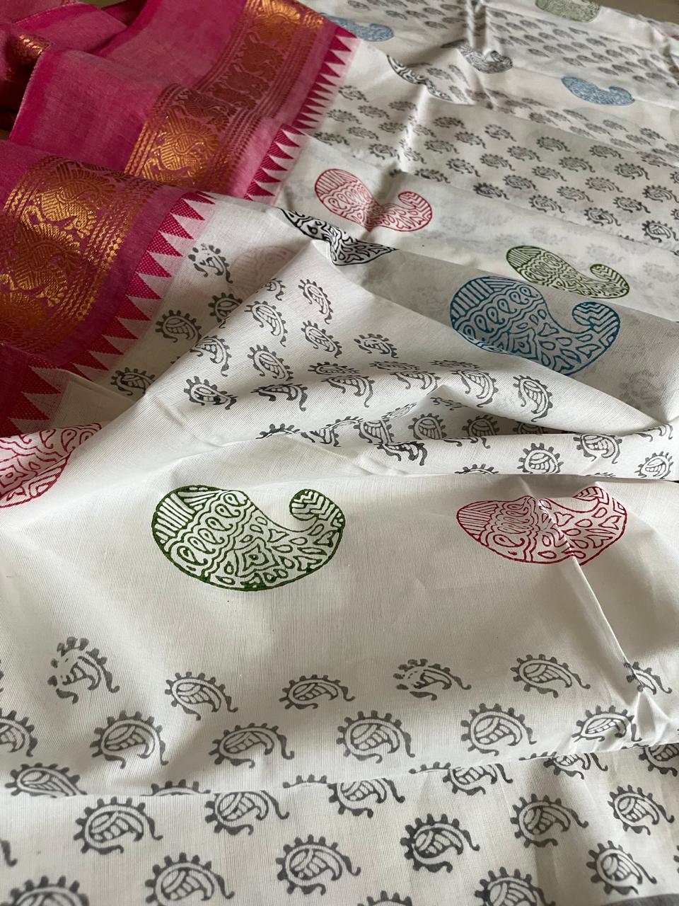 Chettinad Cotton Saree with Resham Border and Handblock Print