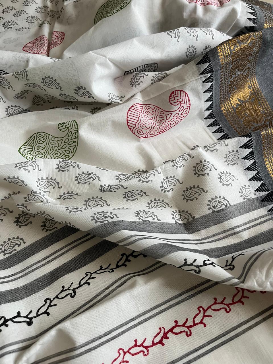 Chettinad Cotton Saree with Resham Border and Handblock Print