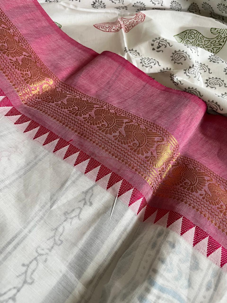 Chettinad Cotton Saree with Resham Border and Handblock Print