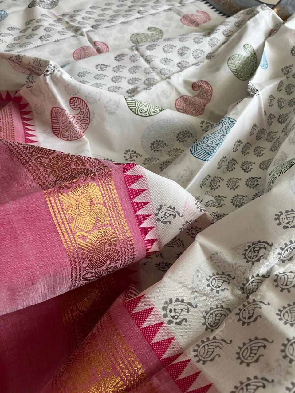 Chettinad Cotton Saree with Resham Border and Handblock Print