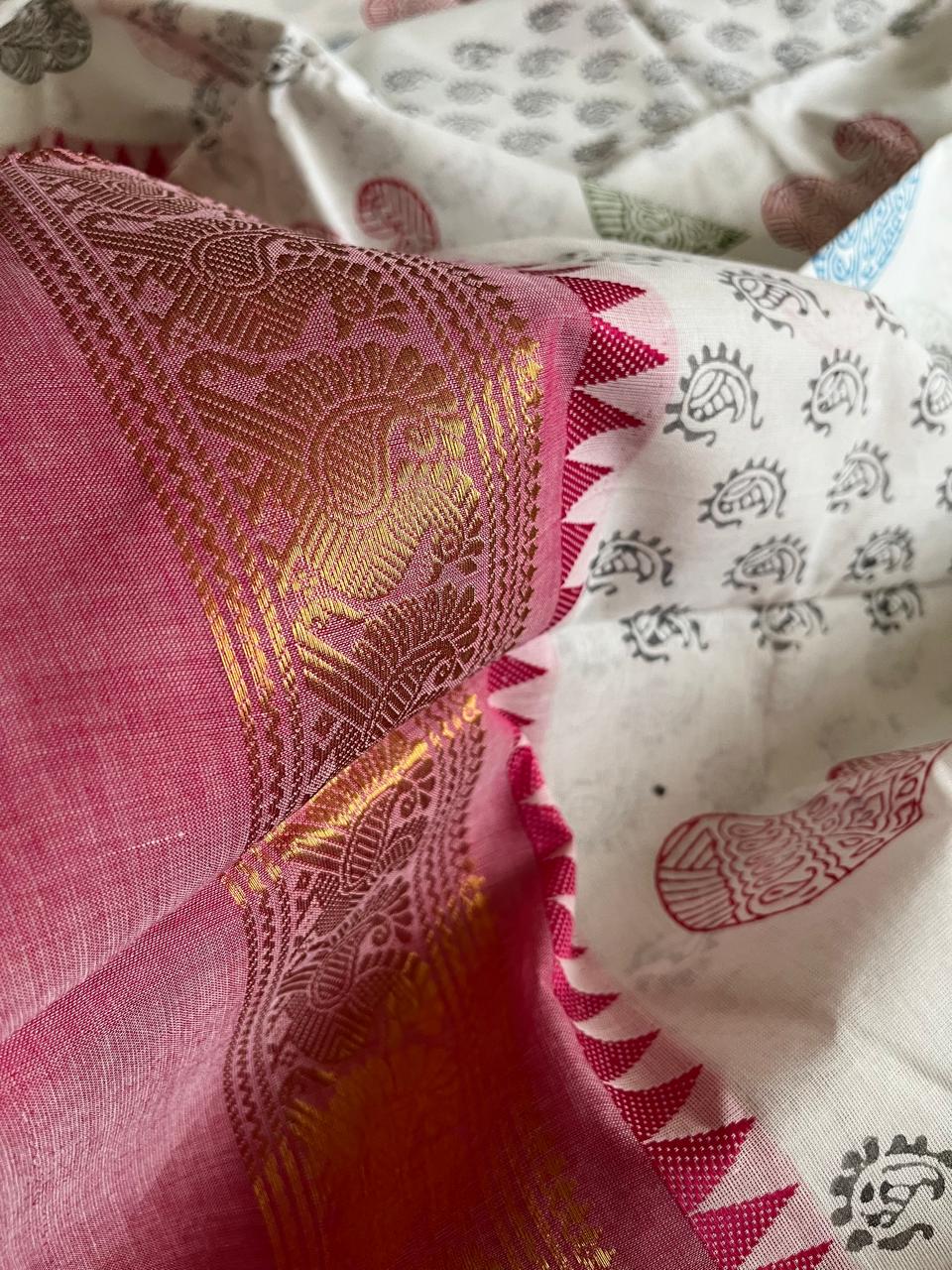 Chettinad Cotton Saree with Resham Border and Handblock Print