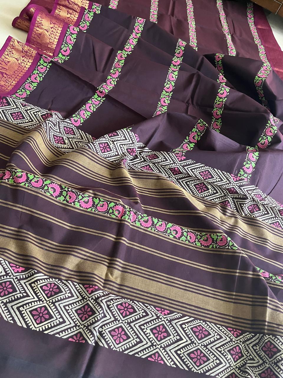 Chettinad Cotton Saree with Resham Border and Handblock Print