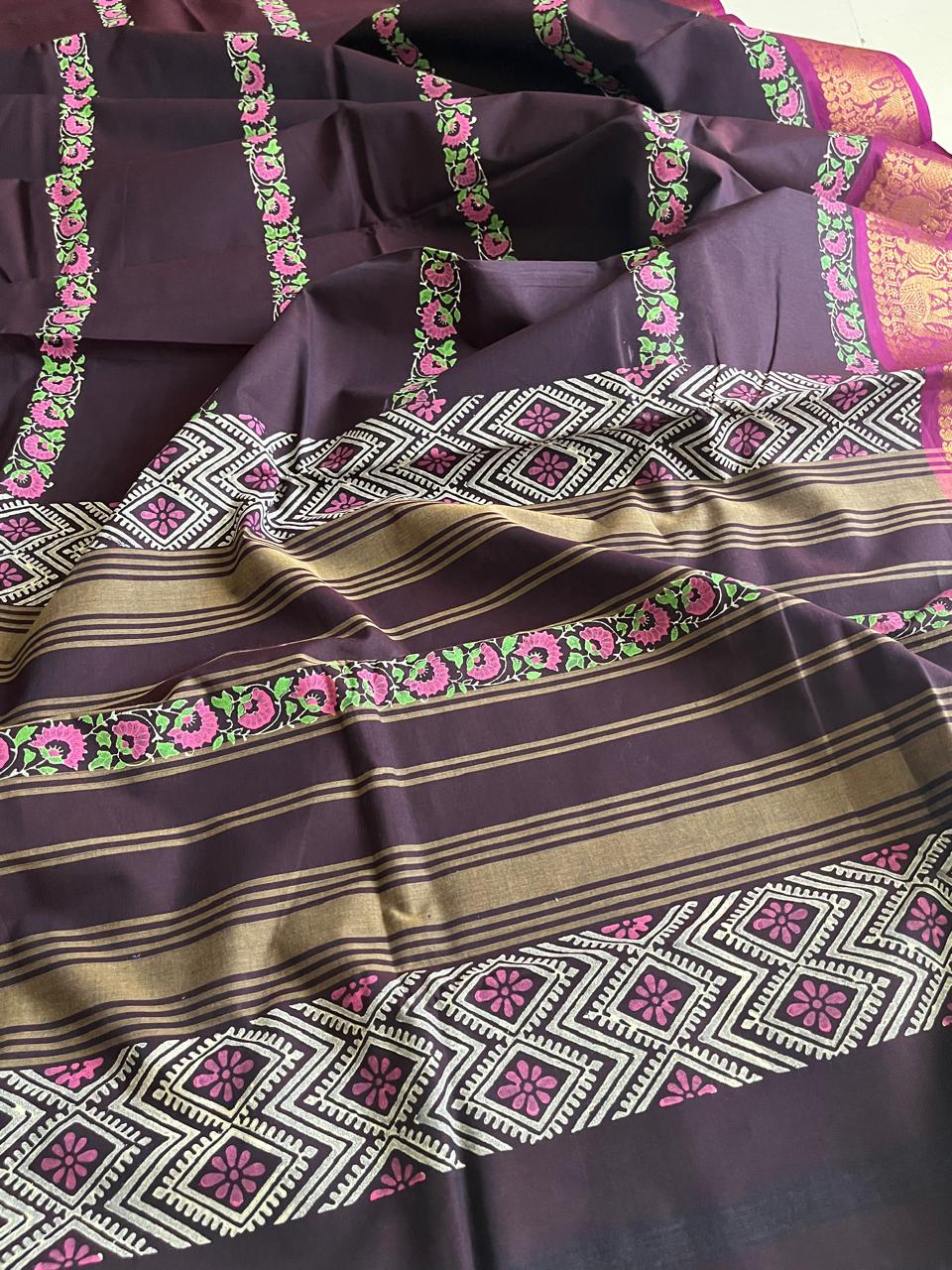 Chettinad Cotton Saree with Resham Border and Handblock Print