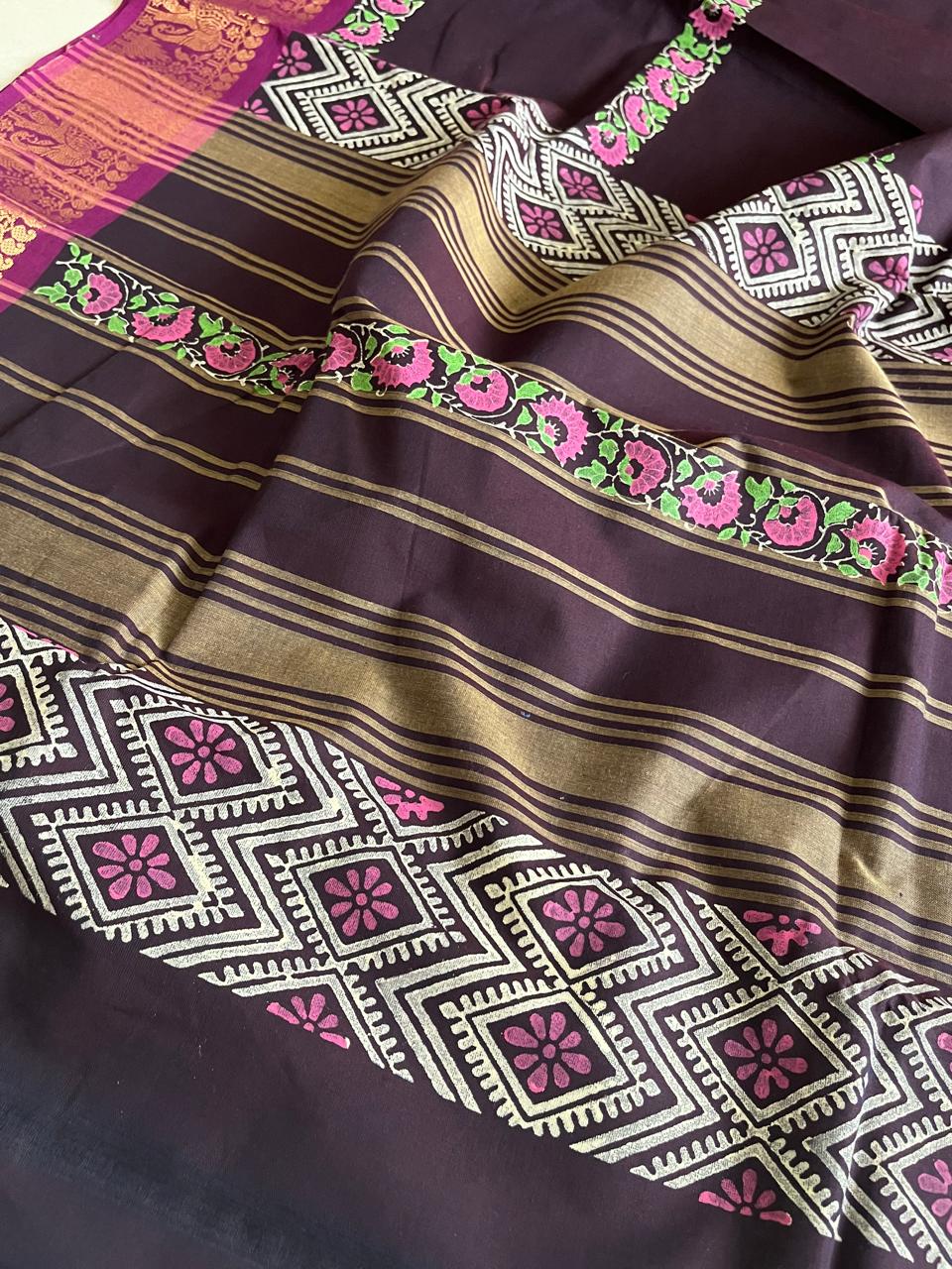 Chettinad Cotton Saree with Resham Border and Handblock Print